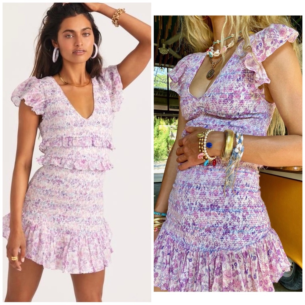 LoveShackFancy Sonora Ruffled Smocked Mini Dress Purple Floral Sz Small NWOT
